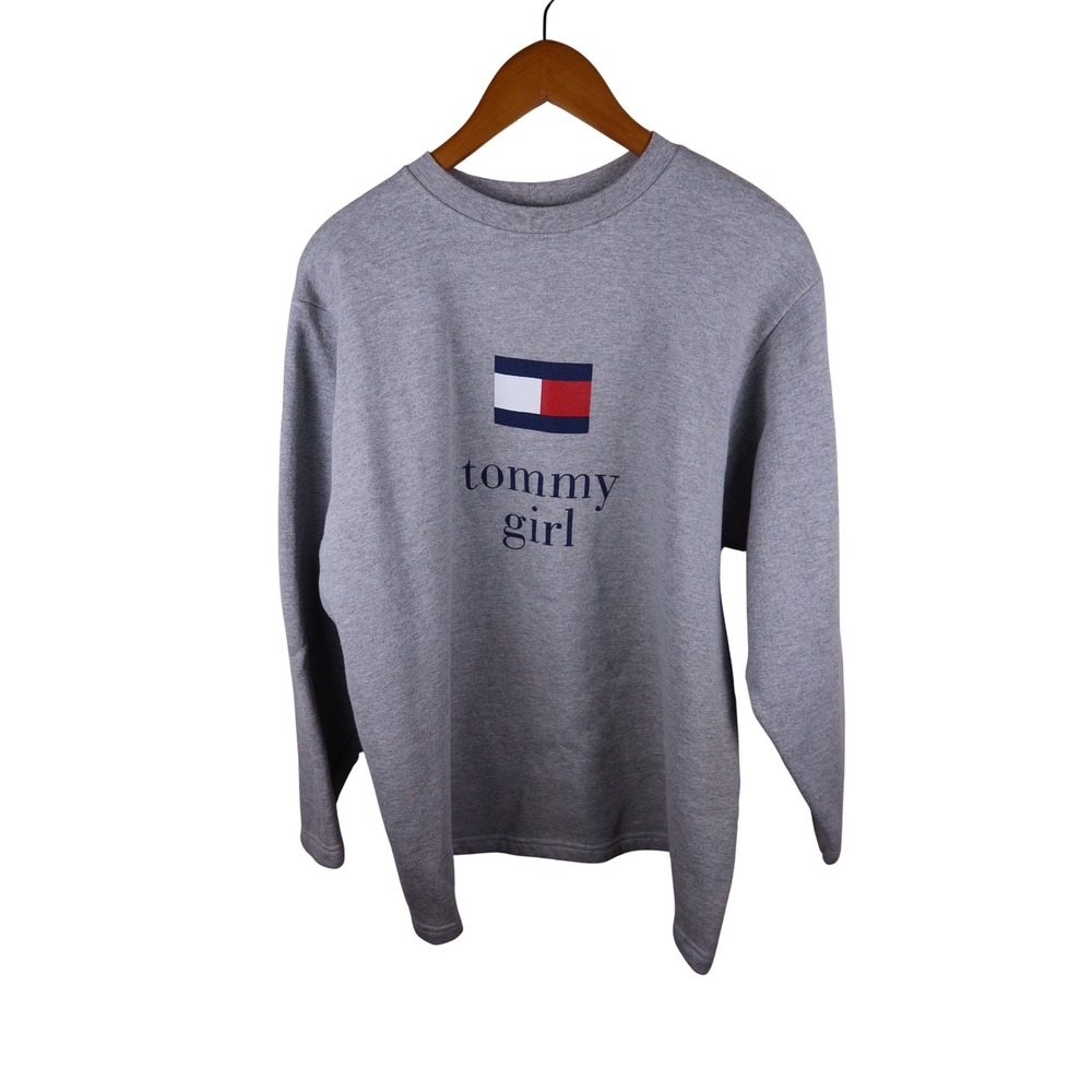 Tommy Girl Vintage Flag Logo Crewneck Sweatshirt Heather Gray Women Large EXCL